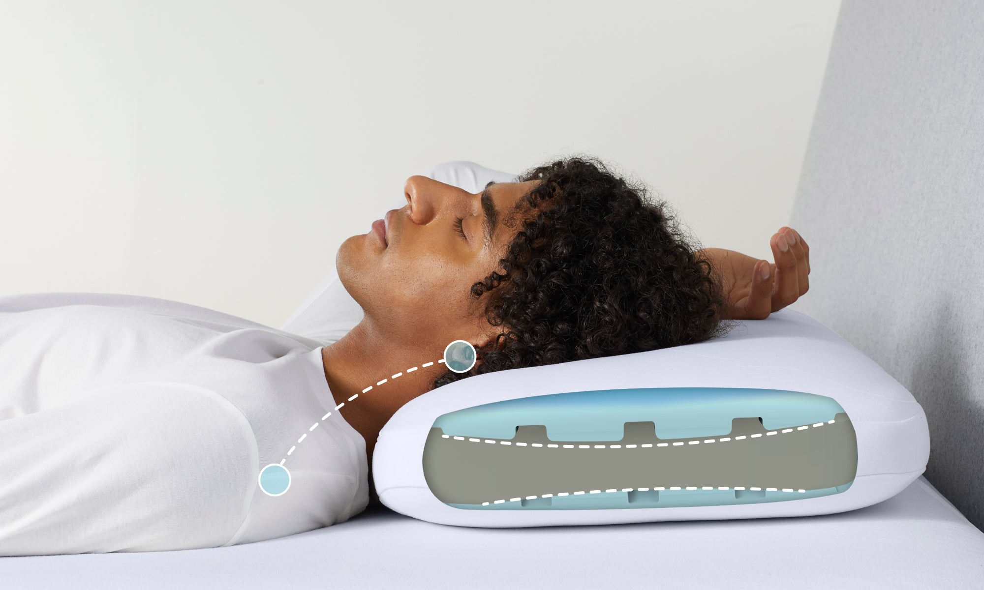 A person lying on their back rests on the Casper Foam Pillow. An illustration on the image demonstrates how the pillow helps maintain proper bodily alignment of your head, neck, and shoulder areas.