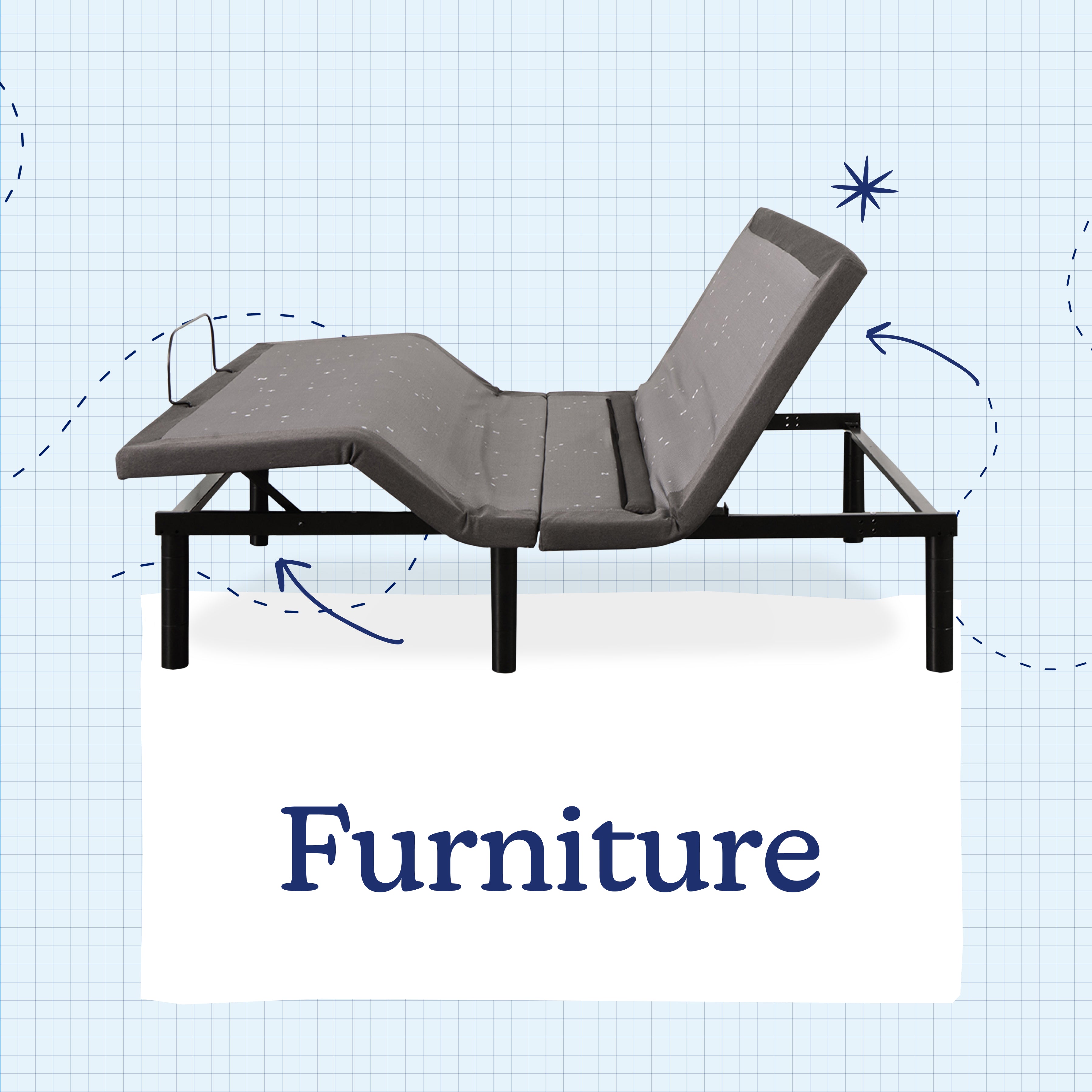 Adjustable bed with a blue grid background and 'Furniture' text.