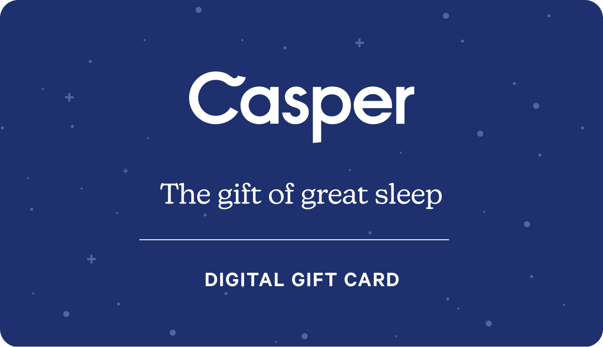 Casper digital gift card with a blue background and star-like dots. Text on the image reads "Casper. Give the gift of great sleep. Digital gift card."