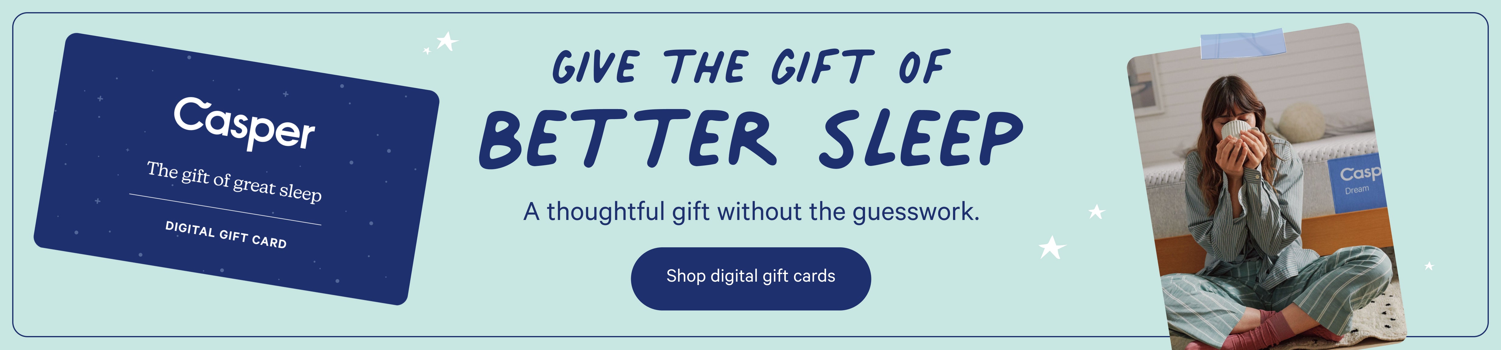 Casper digital gift card advertisement with a person using a Casper mattress on a blue background.