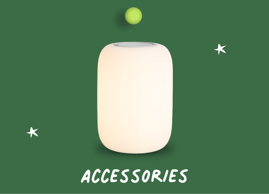 One of Casper's Glow Lights on a light green holiday background with text that says "Accessories" below the image.