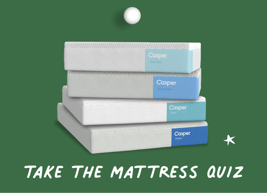 Stack of Casper mattresses on a green holiday background with text 'Take the Mattress Quiz'.