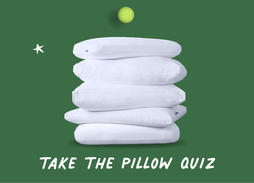 Stack of white pillows on a green holiday background, accompanied by text that says, "Take the pillow quiz."