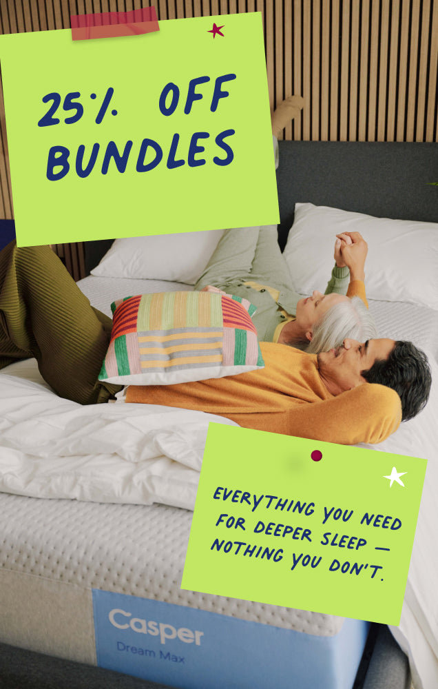 A couple lying on a Casper mattress with promotional text on the image which reads, "25% off bundles. Everything you need for deeper sleep - nothing you don't."