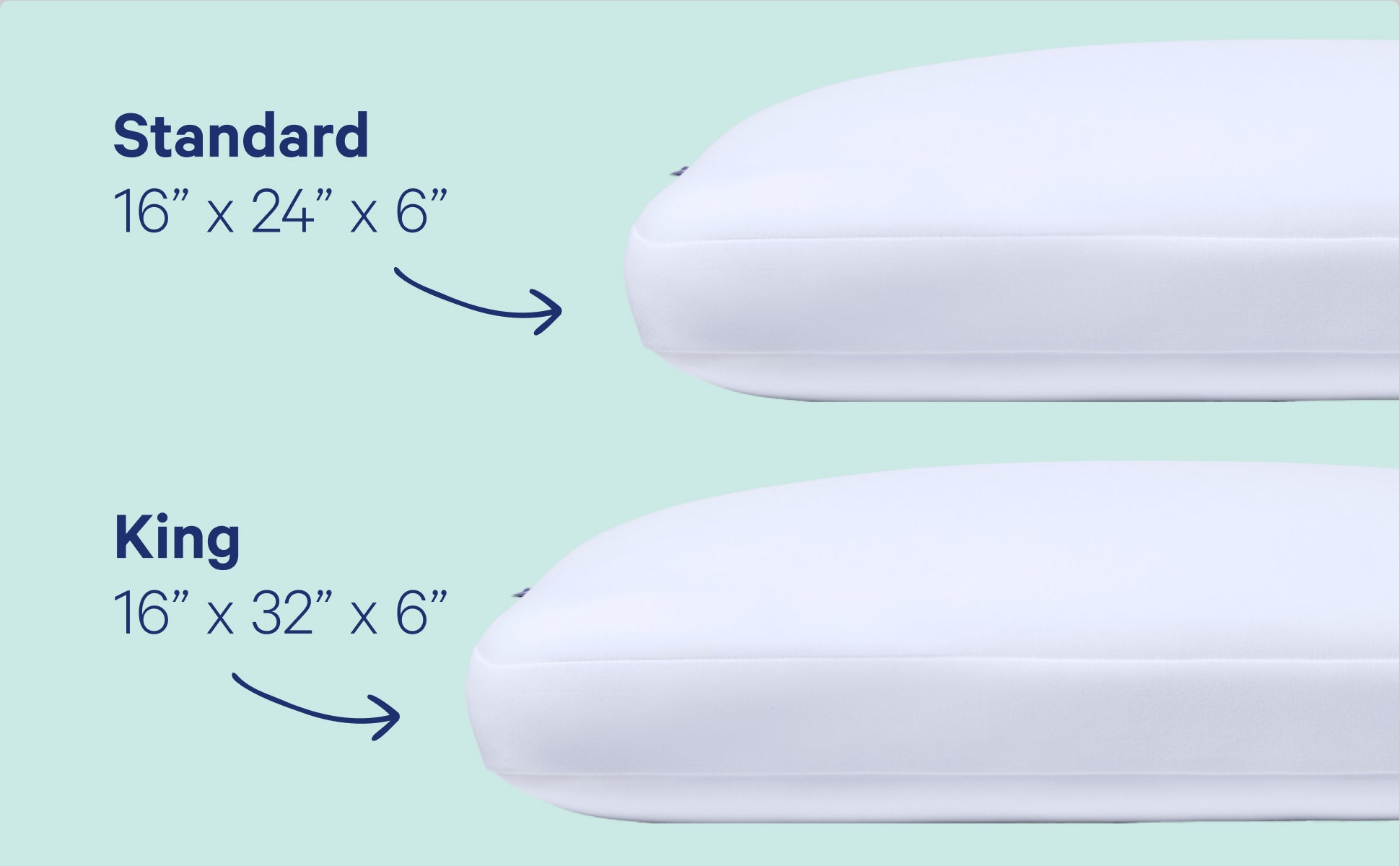Casper Hybrid Pillow. Standard size 16" x 24" x 6" and King size 16" x 32" x 6"