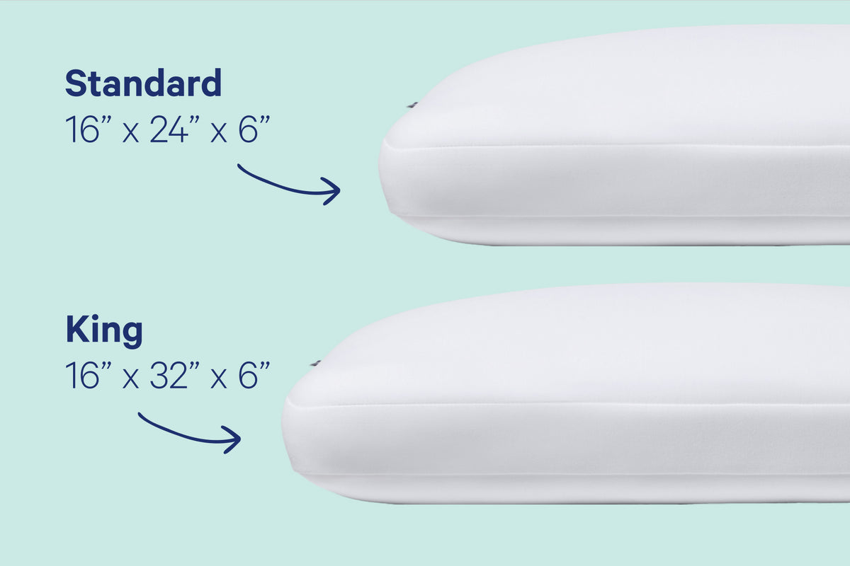 Casper Hybrid Pillow. Standard size 16" x 24" x 6" and King size 16" x 32" x 6"