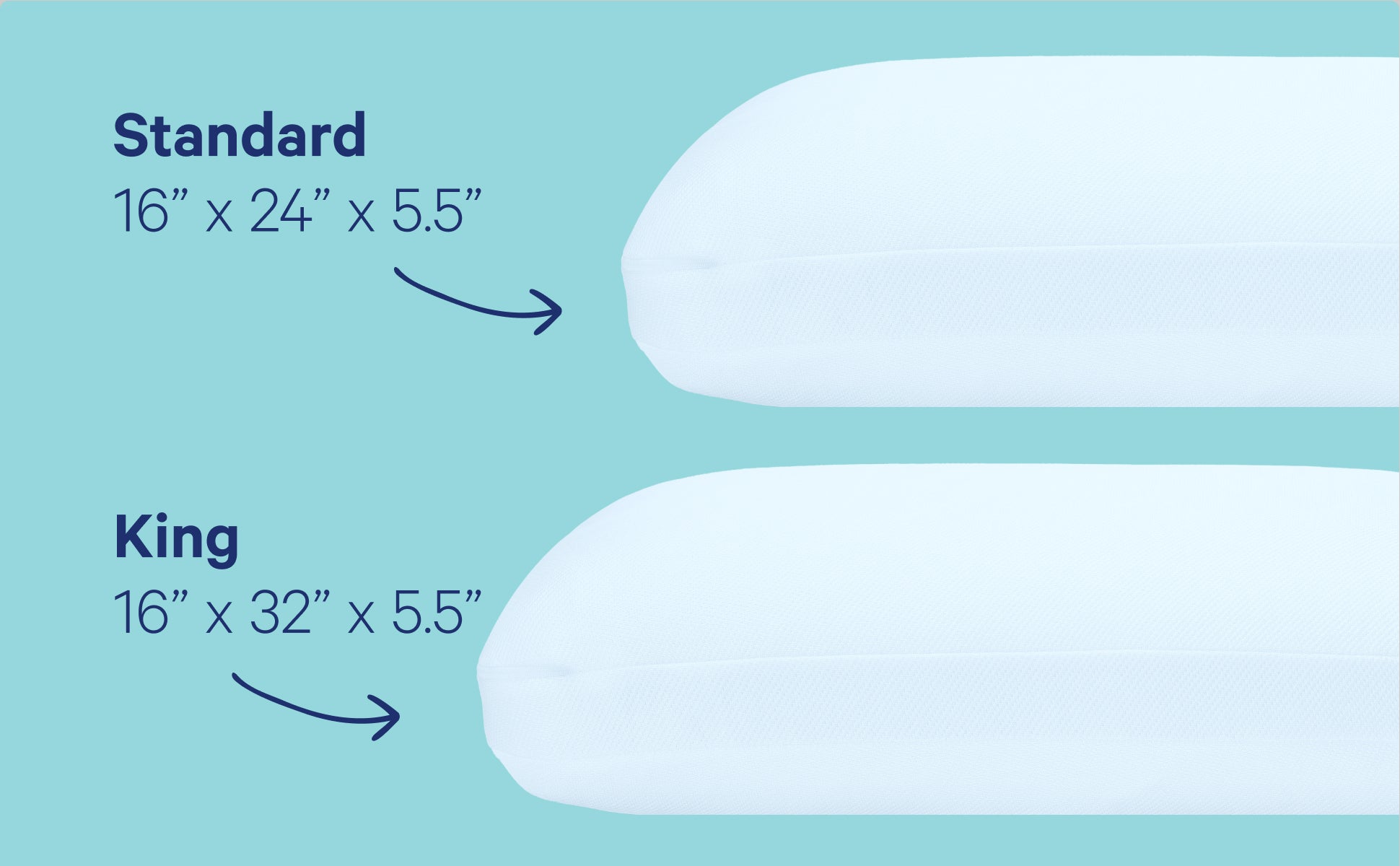Hybrid Pillow with Snow Technology. Standard size 16" x 24" x 5.5" and King size 16" x 32" x 5.5"
