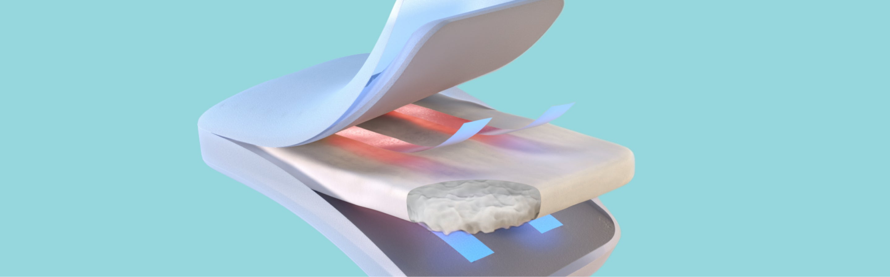 A computer-generated image of Casper's Hybrid Pillow with Snow Technology, open and expanded to display its multiple layers.
