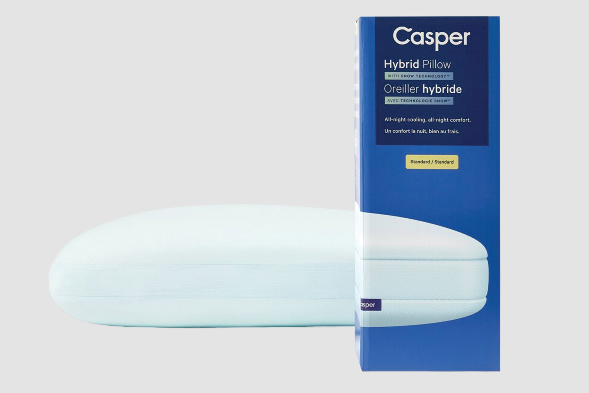 Casper Hybrid Snow Pillow with packaging against a light gray background