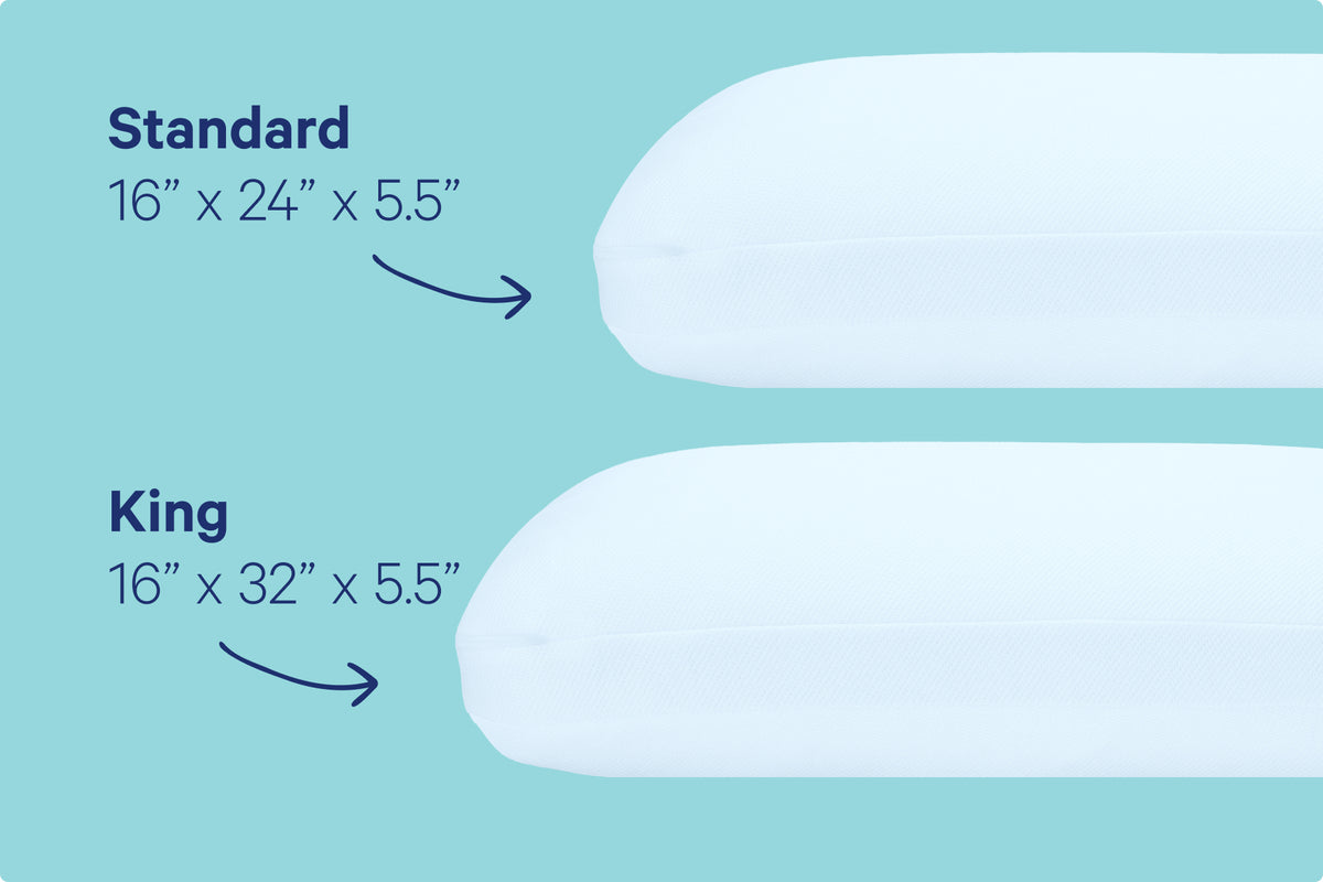 Hybrid Pillow with Snow Technology. Standard size 16" x 24" x 5.5" and King size 16" x 32" x 5.5"