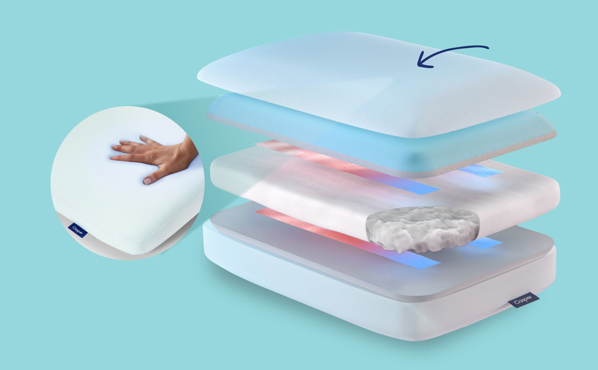 A computer-generated, expanded image of the inner layers of the Hybrid Snow Pillow that focuses on the outer layer, which is cool to the touch to help keep you cool all night long.