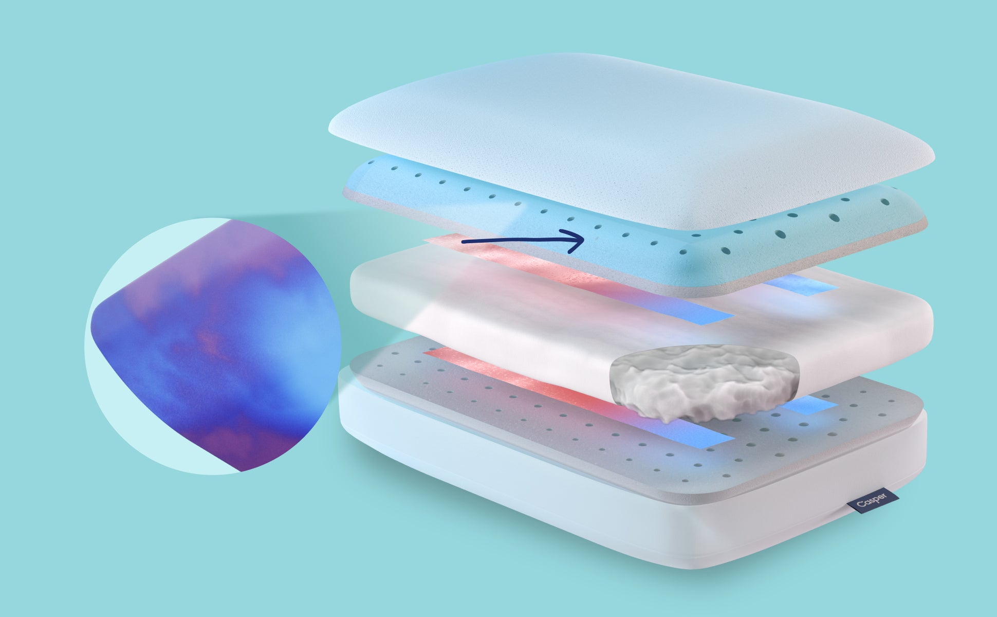 A computer-generated, expanded image of the inner layers of the Hybrid Snow Pillow that focuses on the Phase Change Material, which allows the pillow to breathe and help regulate temperature.