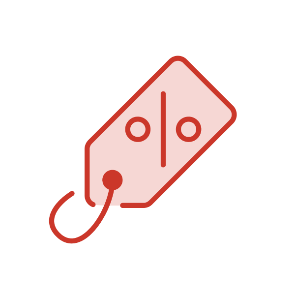 Red price tag icon with a percentage symbol on a white background