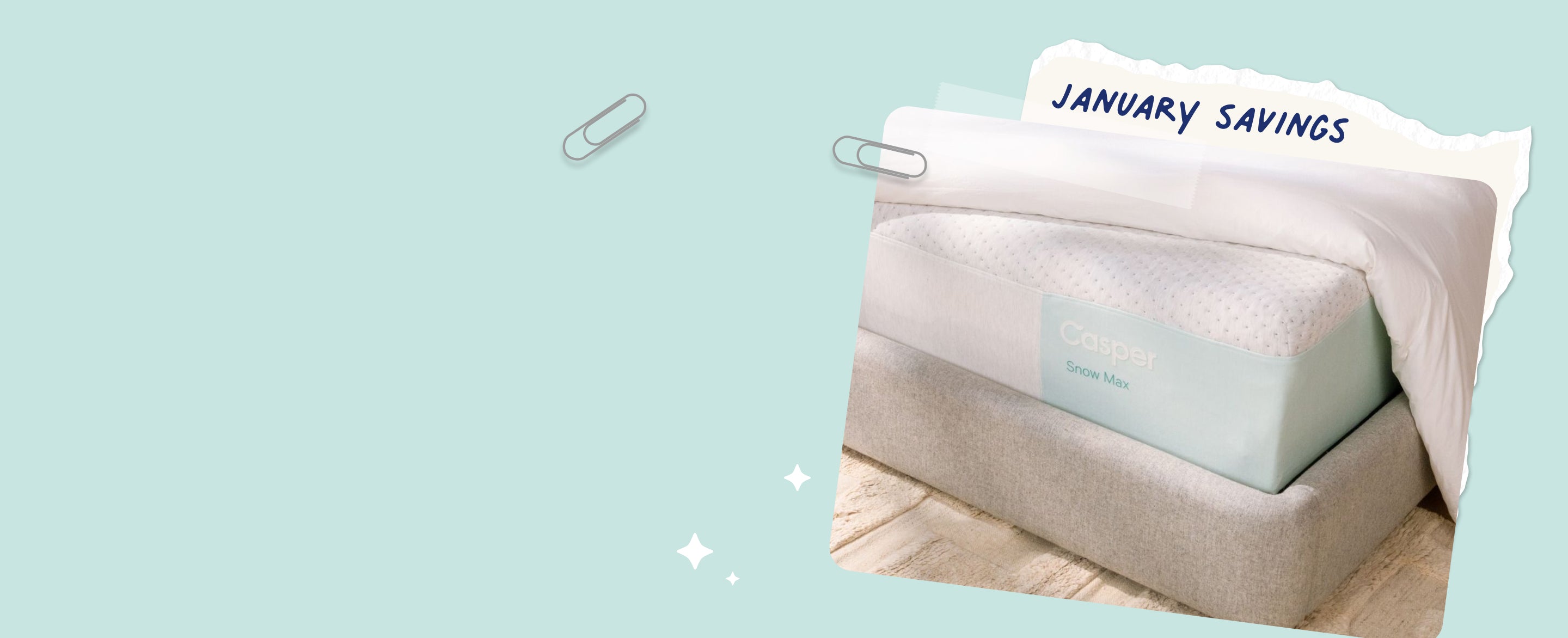 A folded blanket on a bed with 'January Savings' text on a aqua-colored background