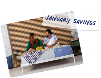 Casper mattress with a couple sitting on it, promotional text 'January Savings' above.
