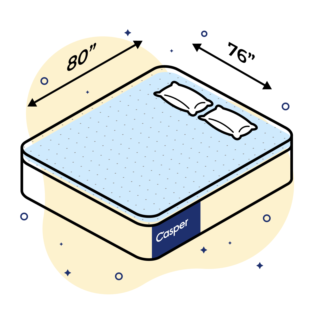 Illustration of a king size Casper mattress with dimensions of 80" x 76" on a beige background