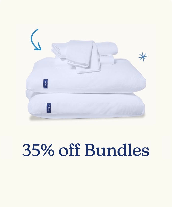 A stack of two pillows with a folded sheet set on top. "35% off Bundles" appears beneath the image.