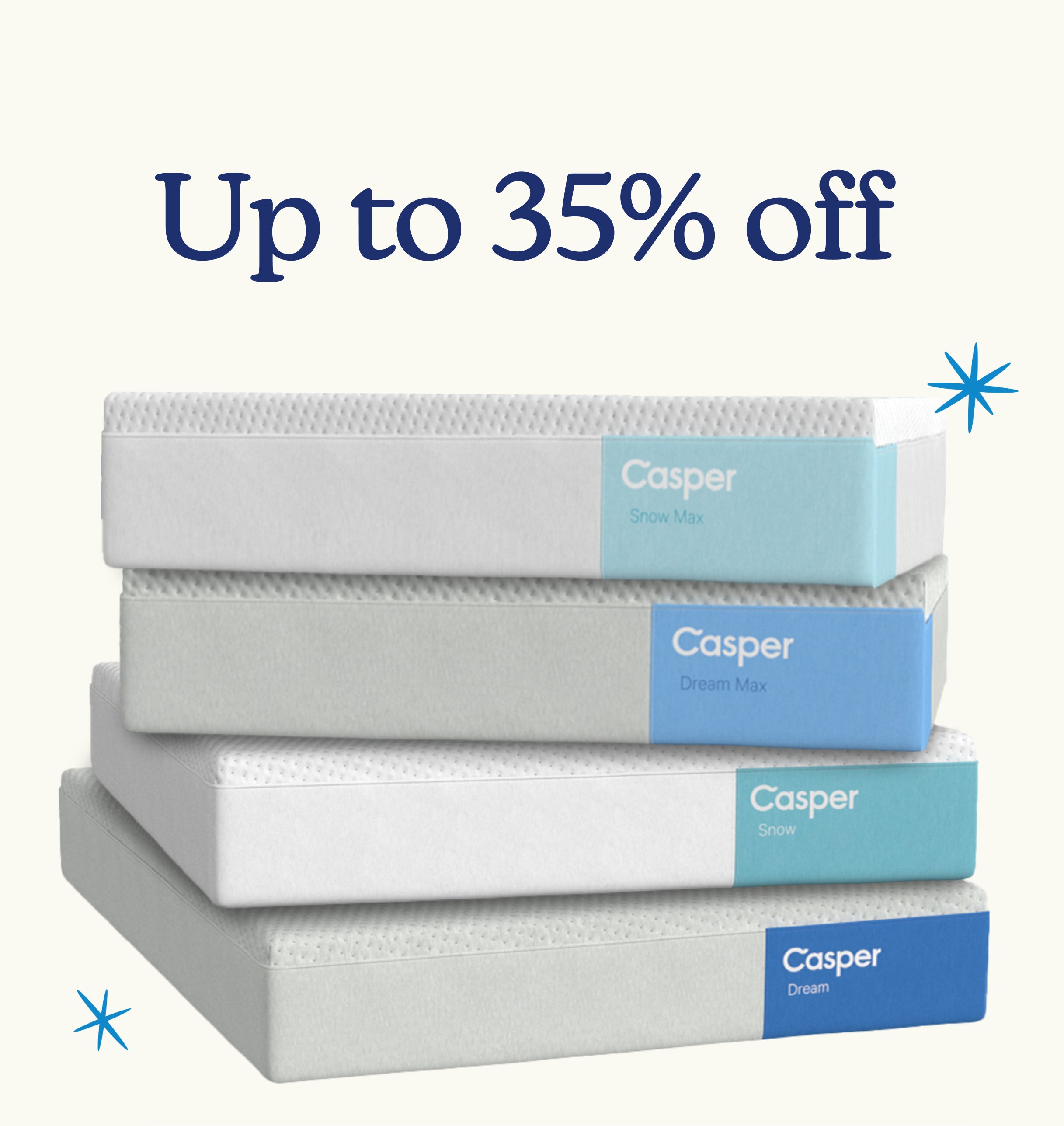 A stack of Casper mattresses of various sizes. A headline, "Up to 35% off," appears above the image.