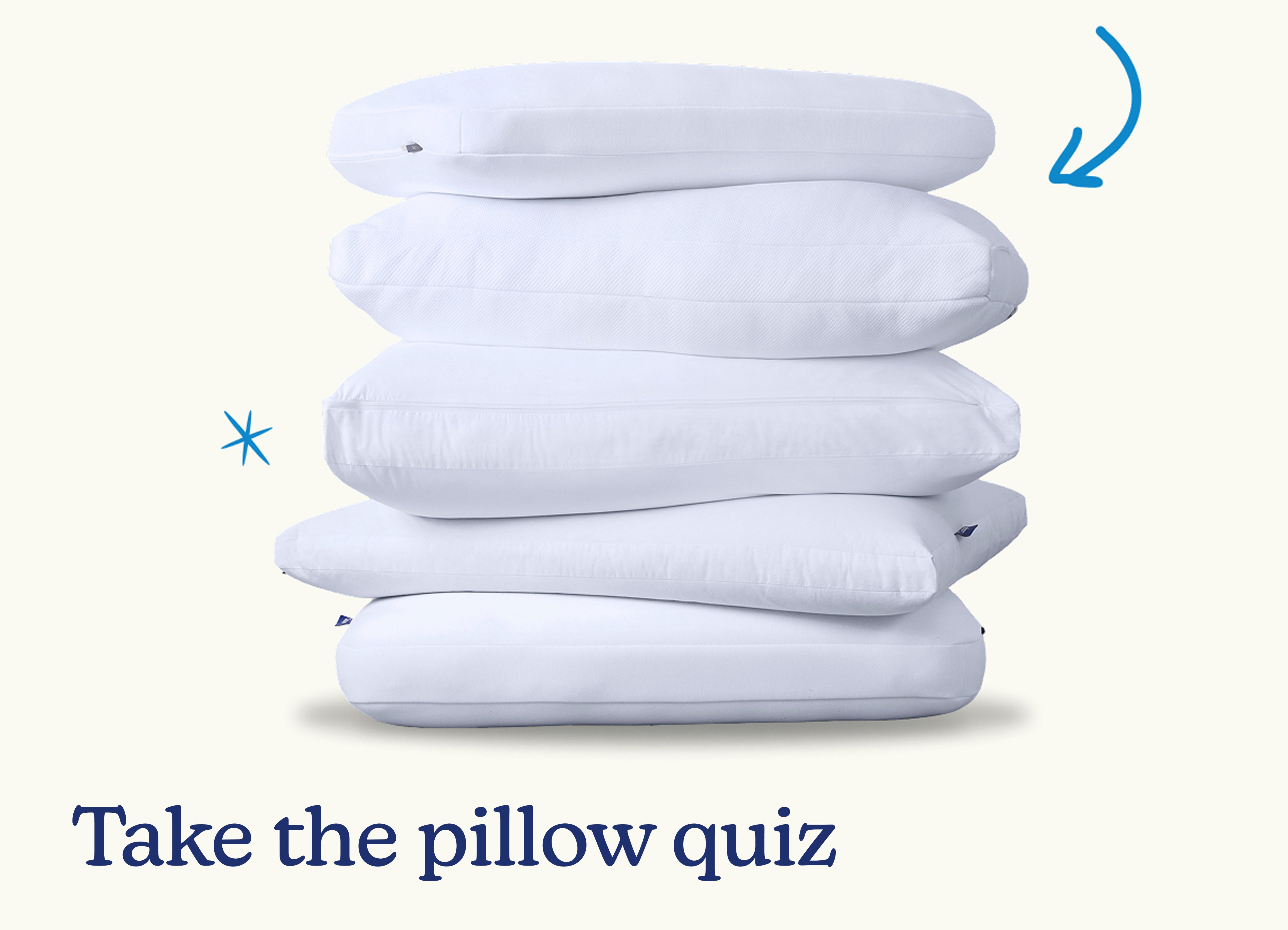 Stack of pillows of various shapes and sizes. Beneath the image it says, "Take the pillow quiz."