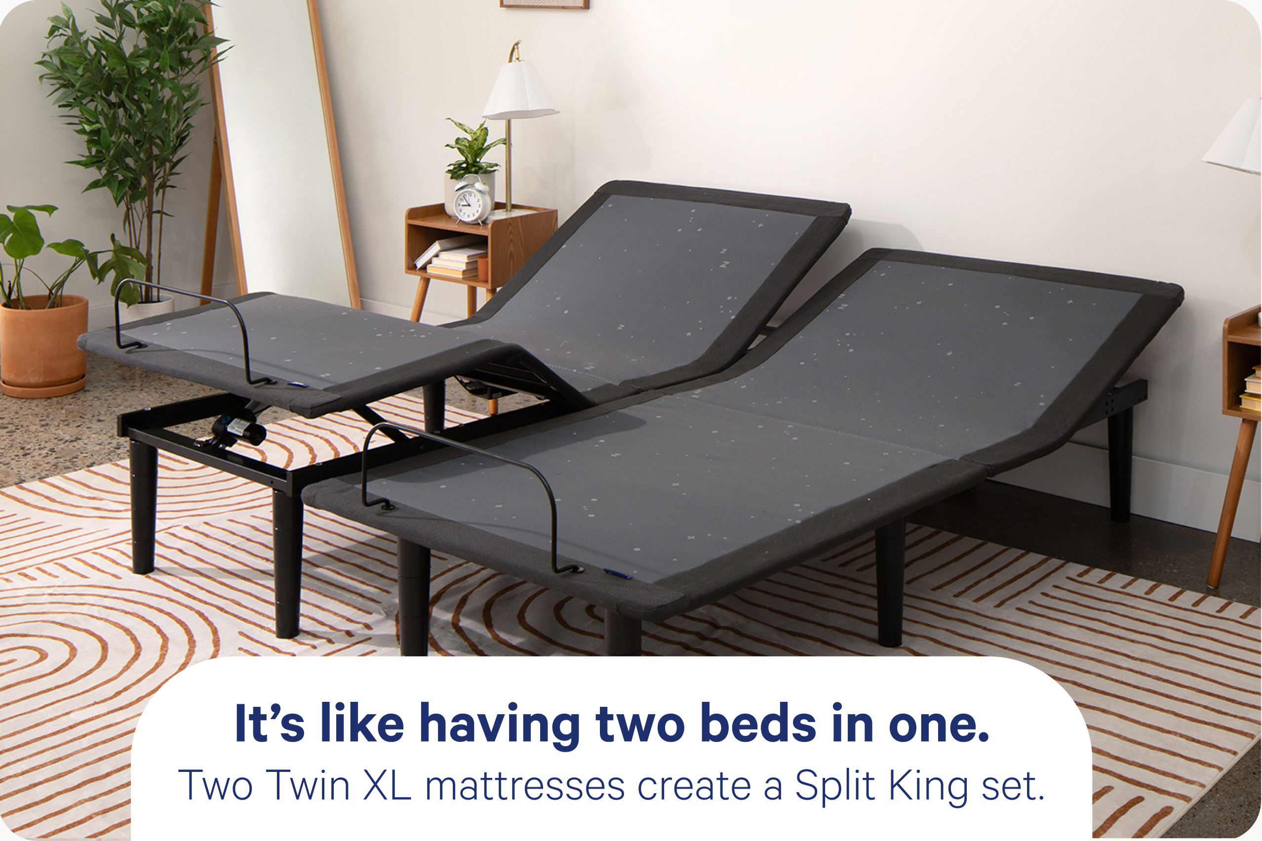A split king adjustable bed frame is comprised of two, TwinXL frames put together. It's like having two beds in one.