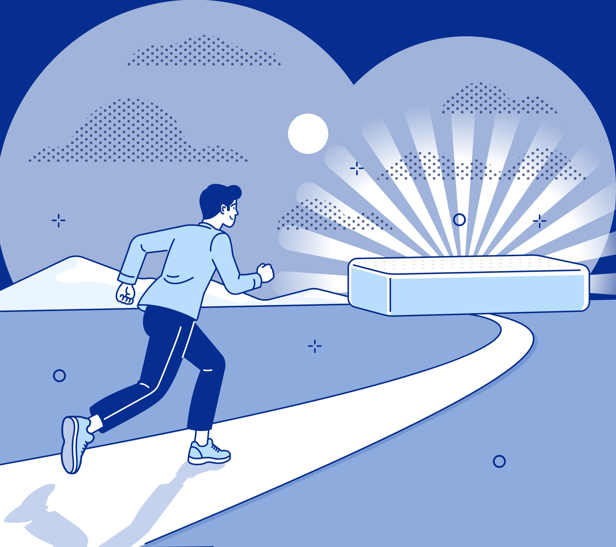 Mattress buying guide illustration of a man running into the horizon