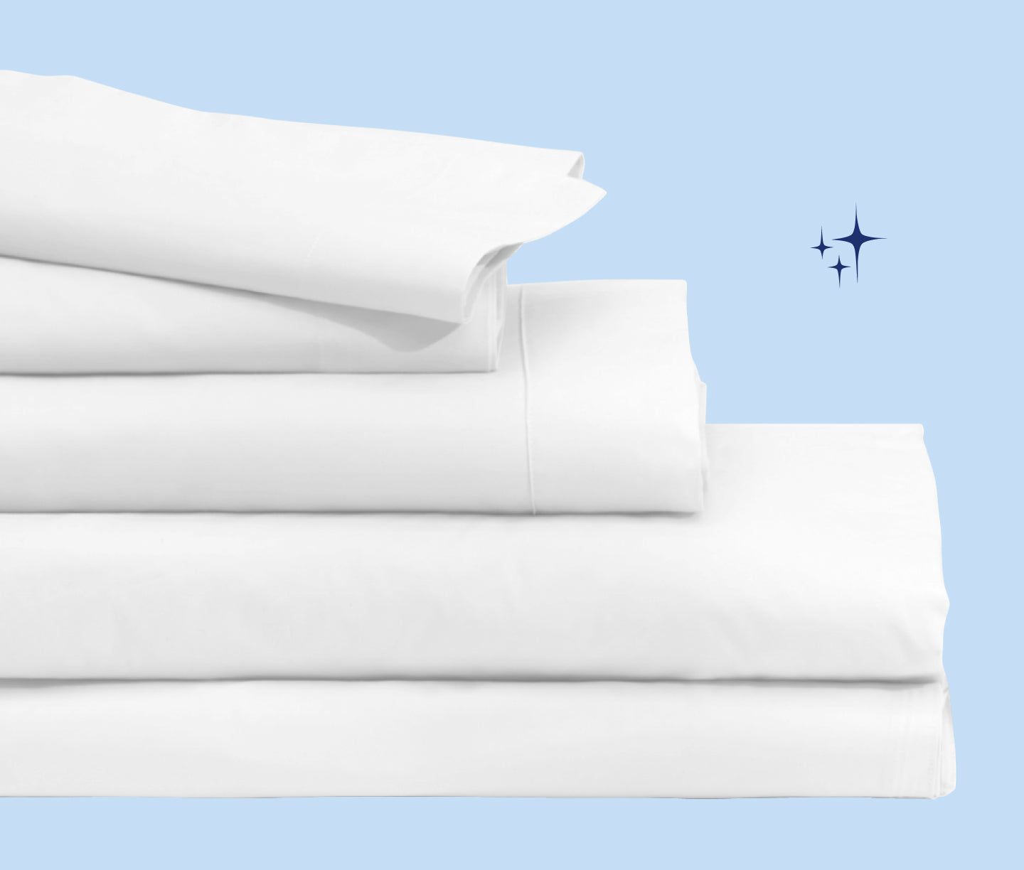 Folded pillowcases, sheet sets, and mattress protectors against a light blue background