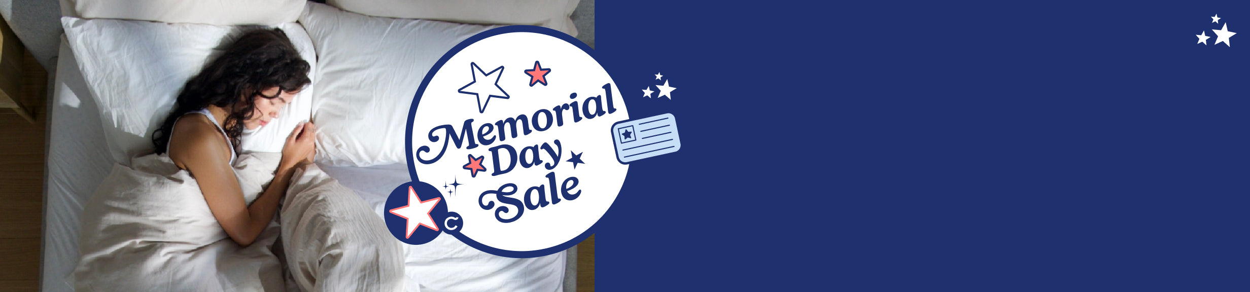 A woman lies on her side in bed under the covers. Next to her is a computer-generated badge which says Memorial Day Sale.