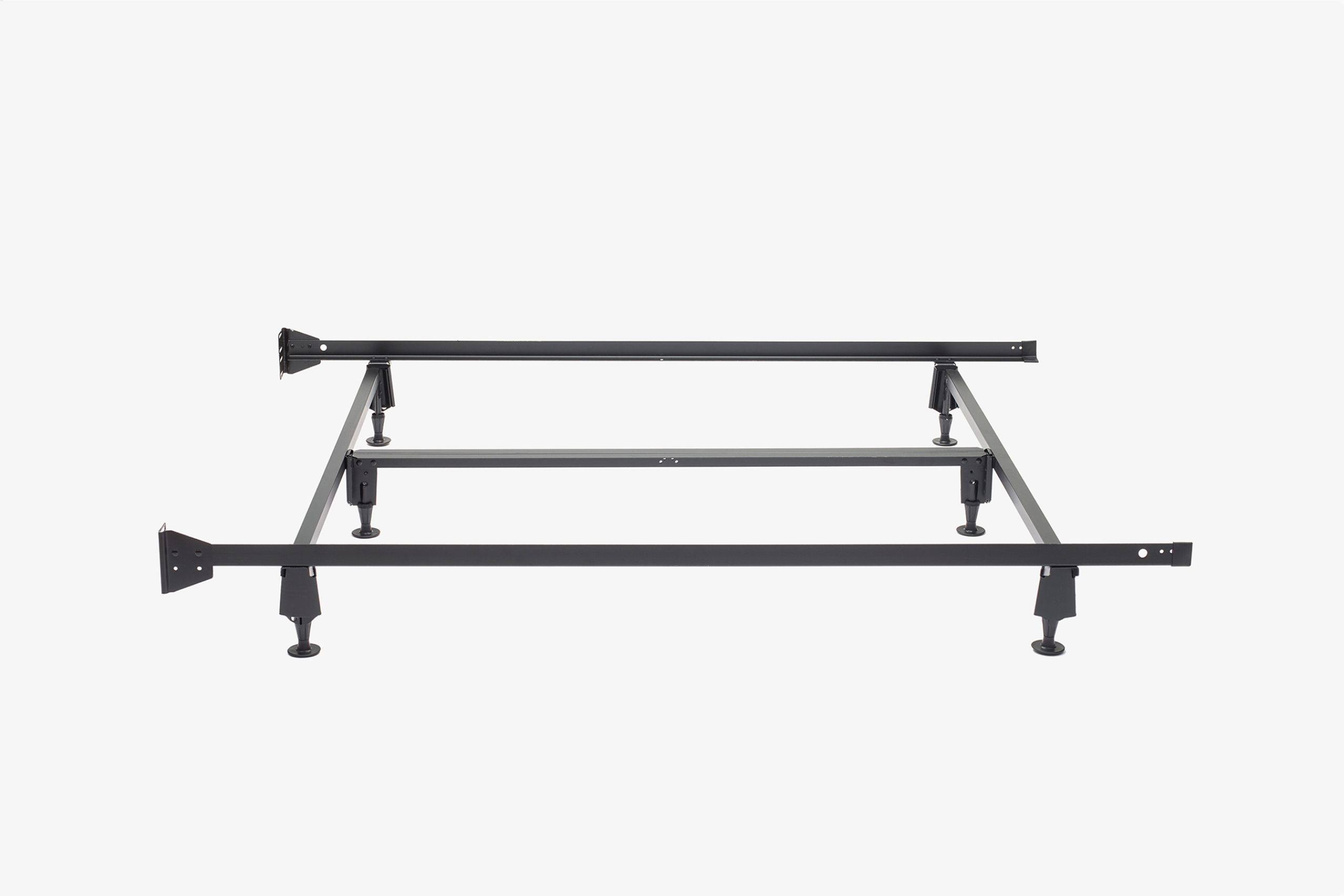 A black metal bed frame with adjustable legs and support bars, shown against a plain, light background.