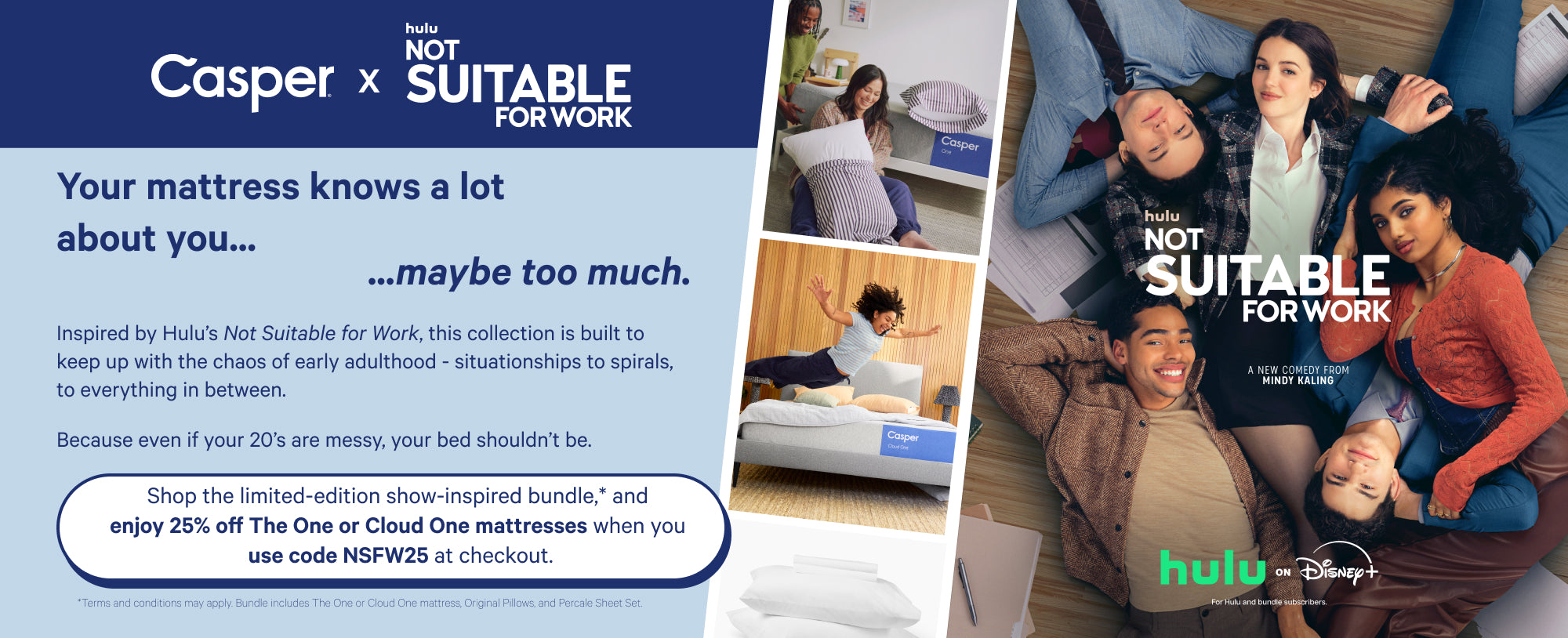 Casper mattress advertisement with Hulu branding and lifestyle images of people using mattresses.