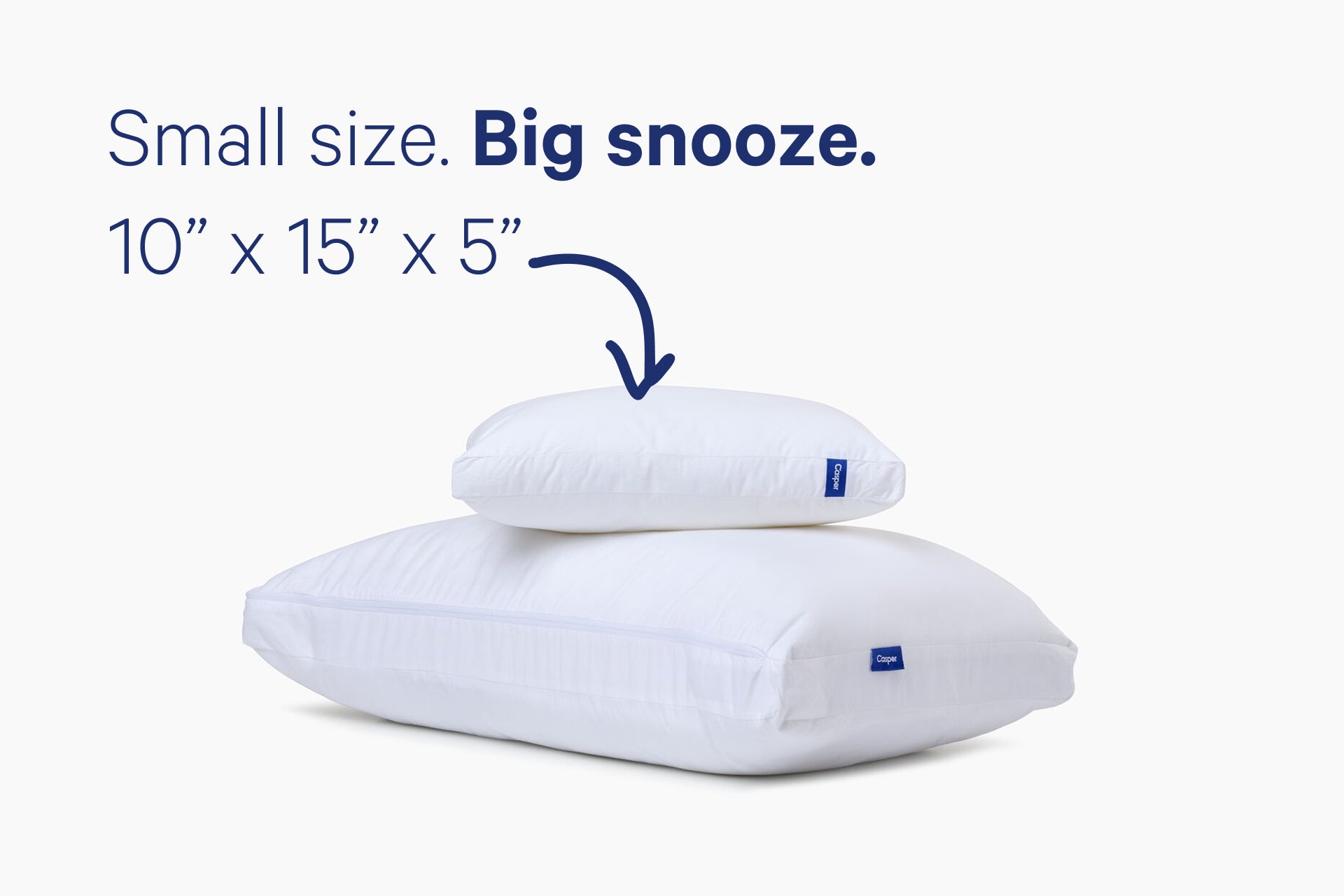 A photo of the Nap Pillow on top of the Original Pillow. Text on the image reads "Small size. Big snooze. 10 inches by 15 inches by 5 inches."