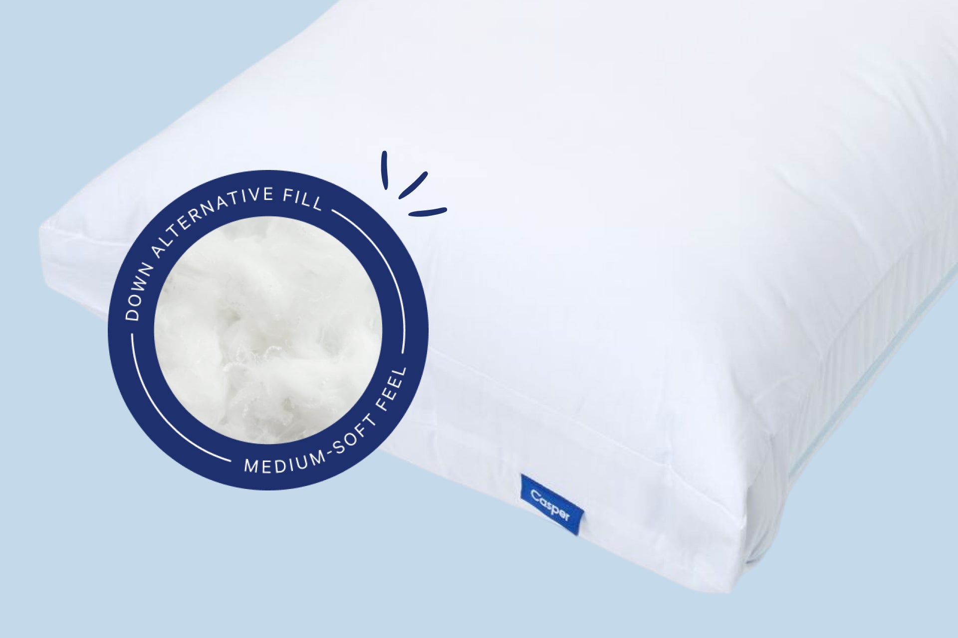 White pillows with text and graphics on a light blue background. Casper's Original Cooling Pillow has a down alternative fill with a medium-soft feel.