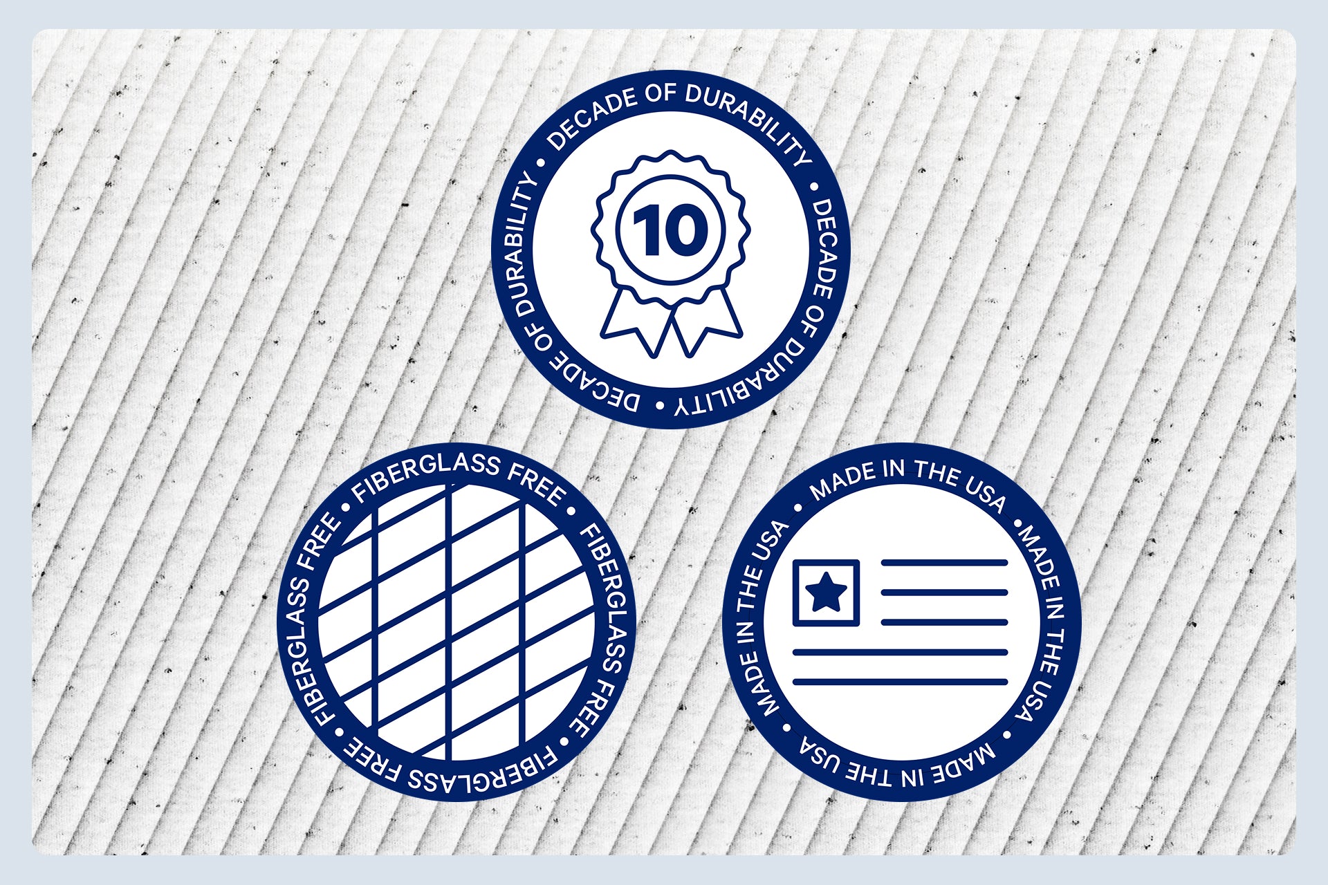 Three blue circular logos with text on a light gray background. They say, "Decade of durability," "Fiberglass free," and "Made in the USA."