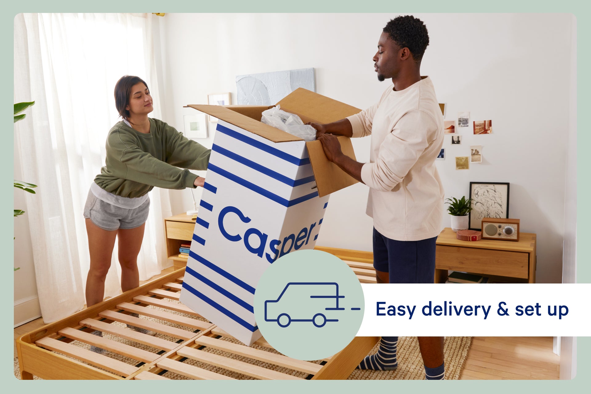 Two people unboxing a Casper mattress in their bedroom with text that says "Easy delivery & set up."