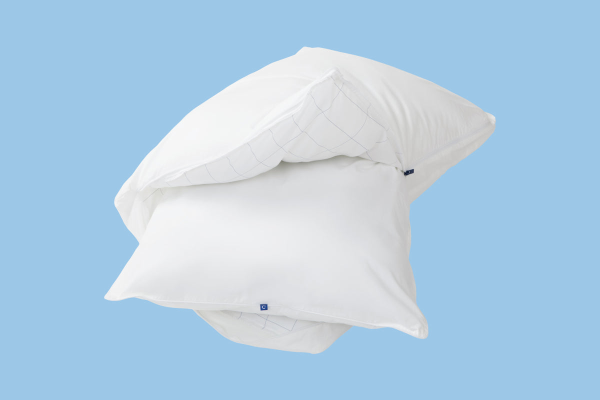 Original Pillow, unzipped, with the inner pillow sticking out from the outer pillow. Light blue background.