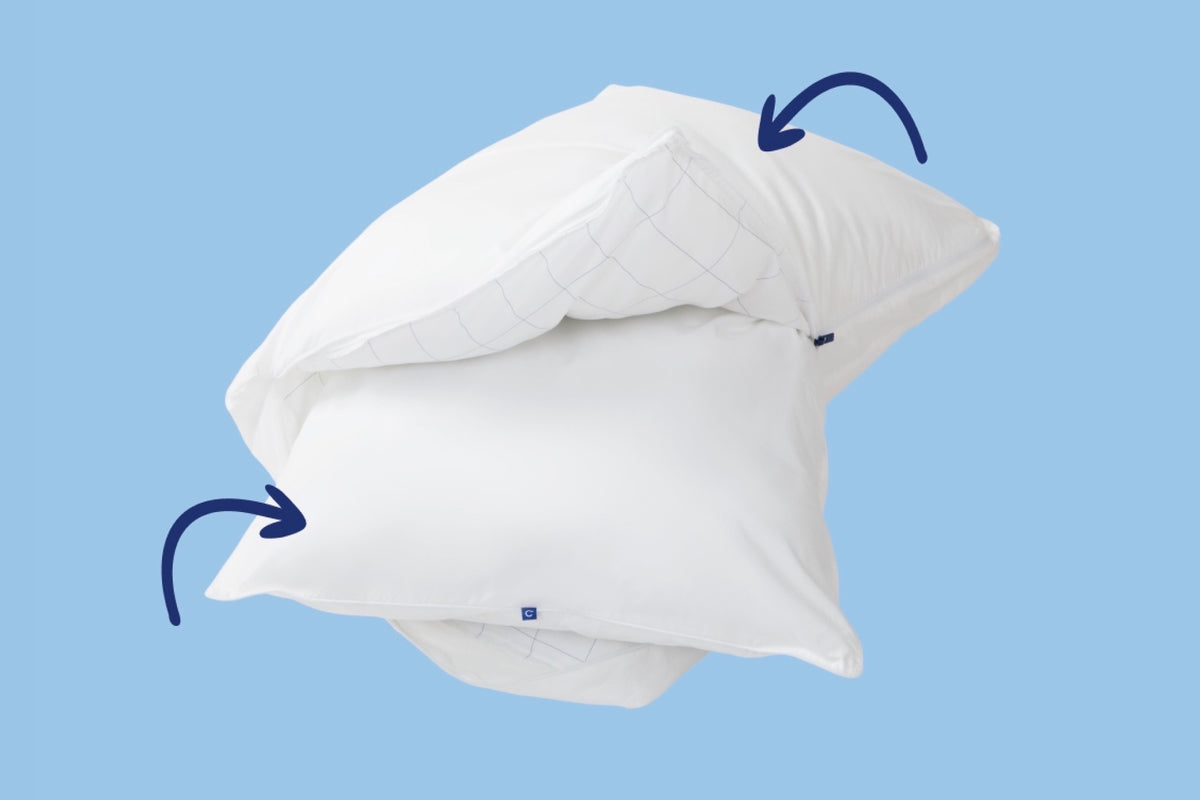 Original Pillow, unzipped, with the inner pillow sticking out from the outer pillow. Light blue background. Two arrows point to both the outer pillow and the inner pillow.