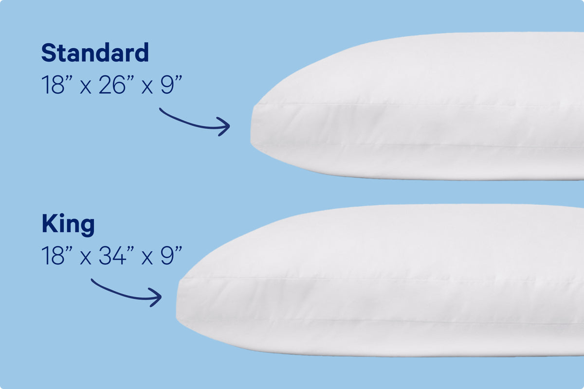 Casper Original Pillow. Standard size 18" x 26" x 9" and King size 18" x 34" x 9"