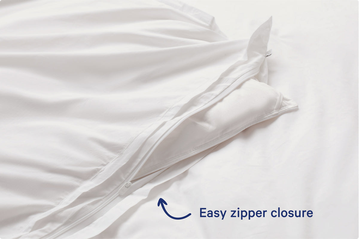 Close-up of a duvet cover with text that reads 'Easy zipper closure'