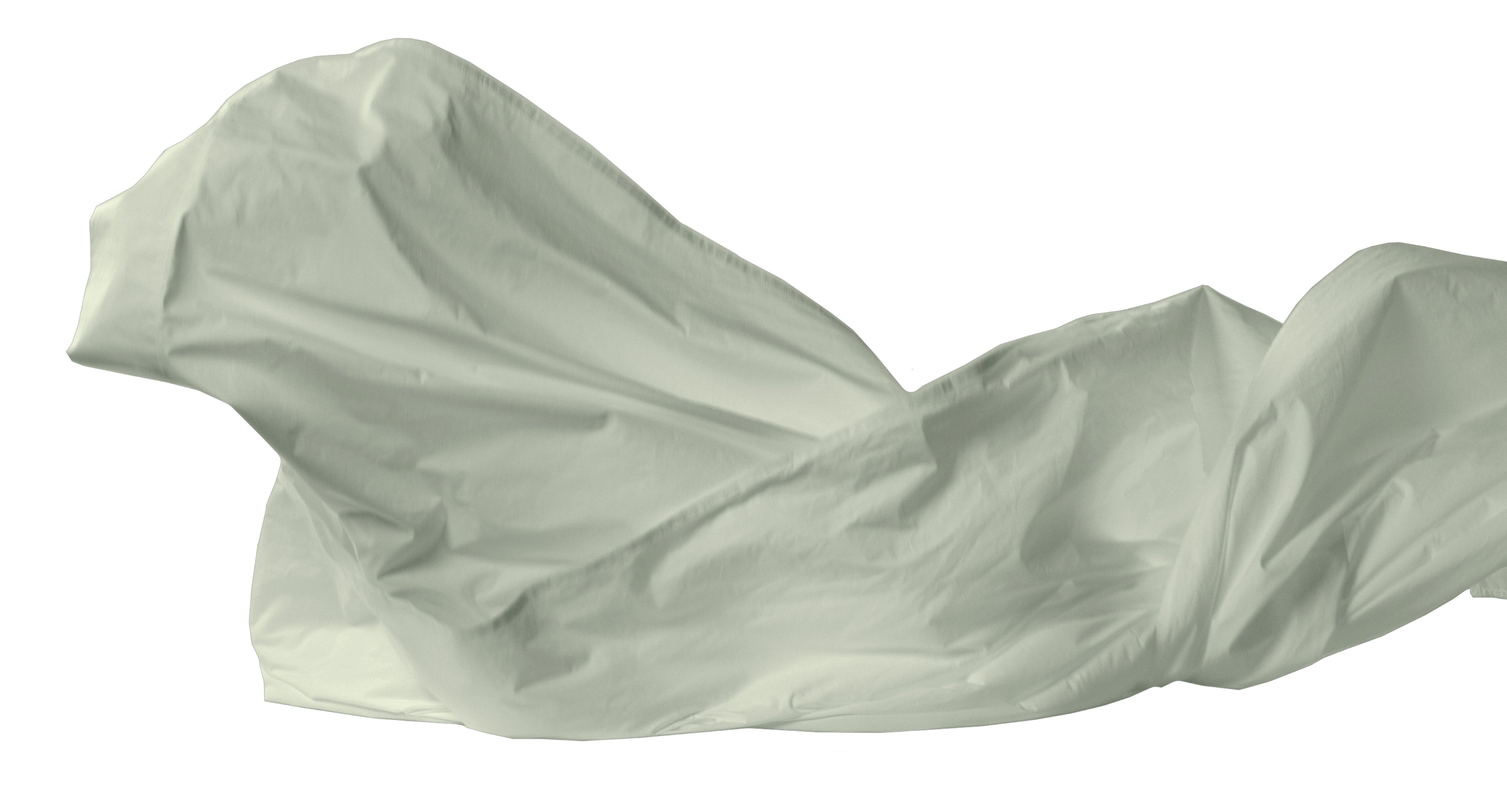 A eucalyptus green draped Percale sheet, shown as a crumpled or flowing sheet against a plain white background