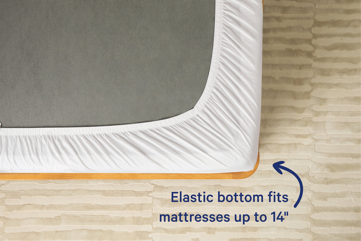 Underside view of a mattress with a white fitted sheet. Text on the image reads 'Elastic bottom fits mattresses up to 14 inches.'