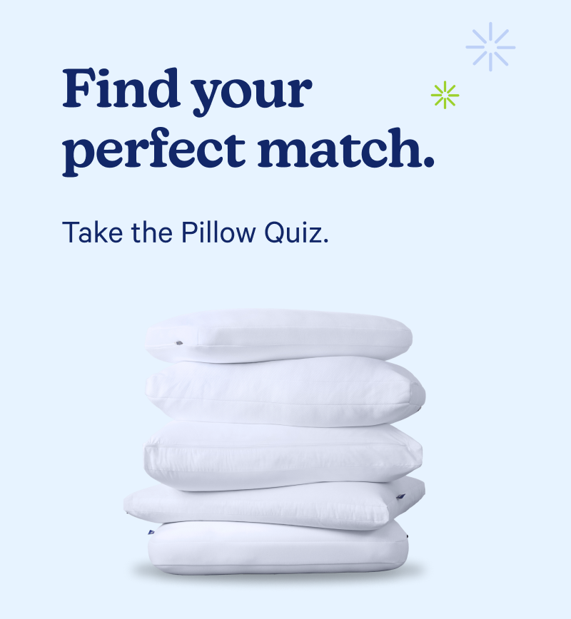 A stack of pillows against a light blue background. Find your perfect match. Take the Pillow Quiz.