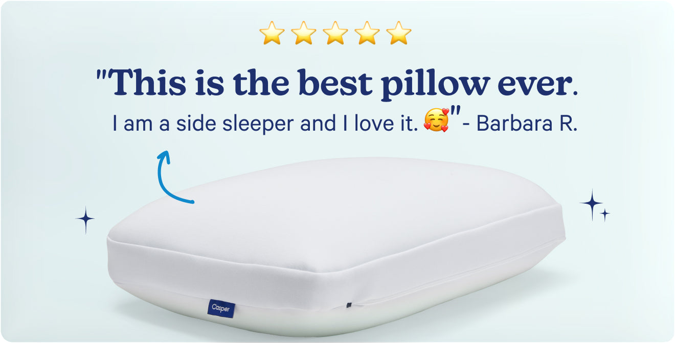 Pillow advertisement. "This is the best pillow ever. I am a side sleeper and I love it." - Barbara R.