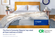 Front-view of the Casper One mattress in a bed frame with two pillows and a blanket folded on top. Beneath the image there appears a banner which says, "The One is Consumer Reports' top-rated all-foam mattress of 2025. Consumer Reports does not endorse products or service."