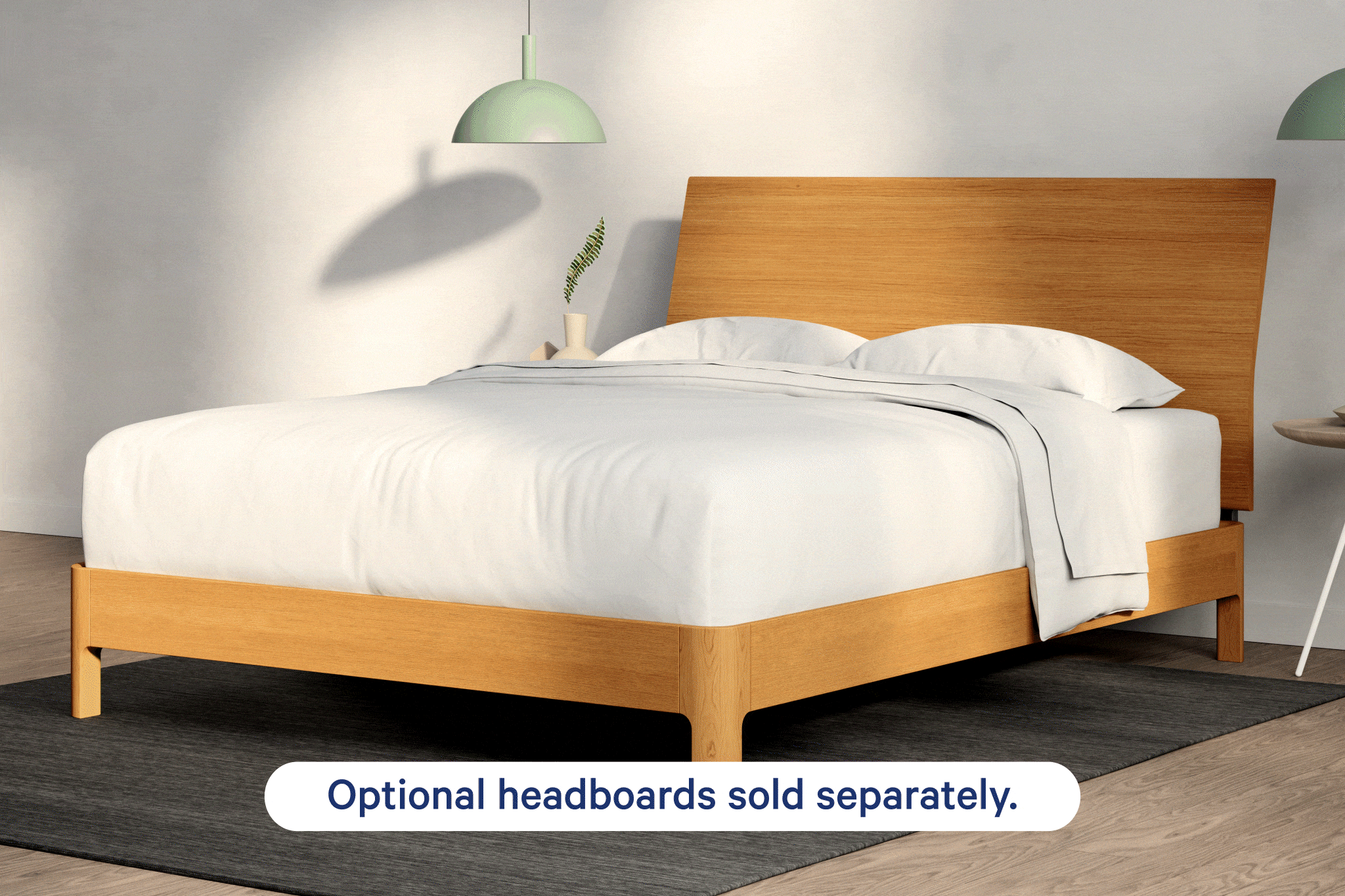 mattress on a Repose Bed Frame. The image flashes between two optional headboards: one is brown and wooden; the other is a gray upholstered material. Optional headboards are stored separately.