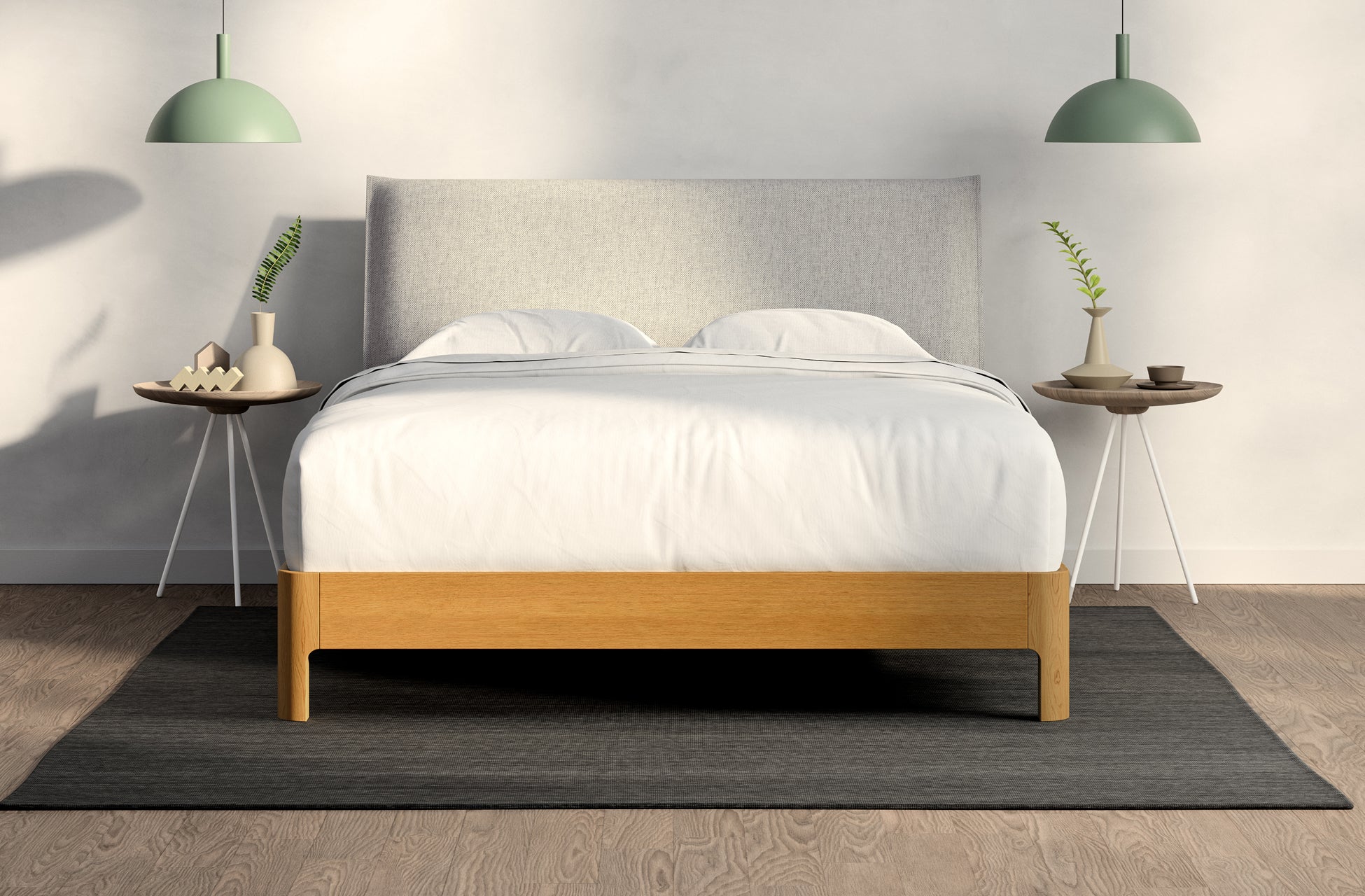A fully made bed with a Repose Wooden Bed Frame. Front View. Wooden bed frame is natural oak color. Repose Pillow Headboard is Light Gray color.