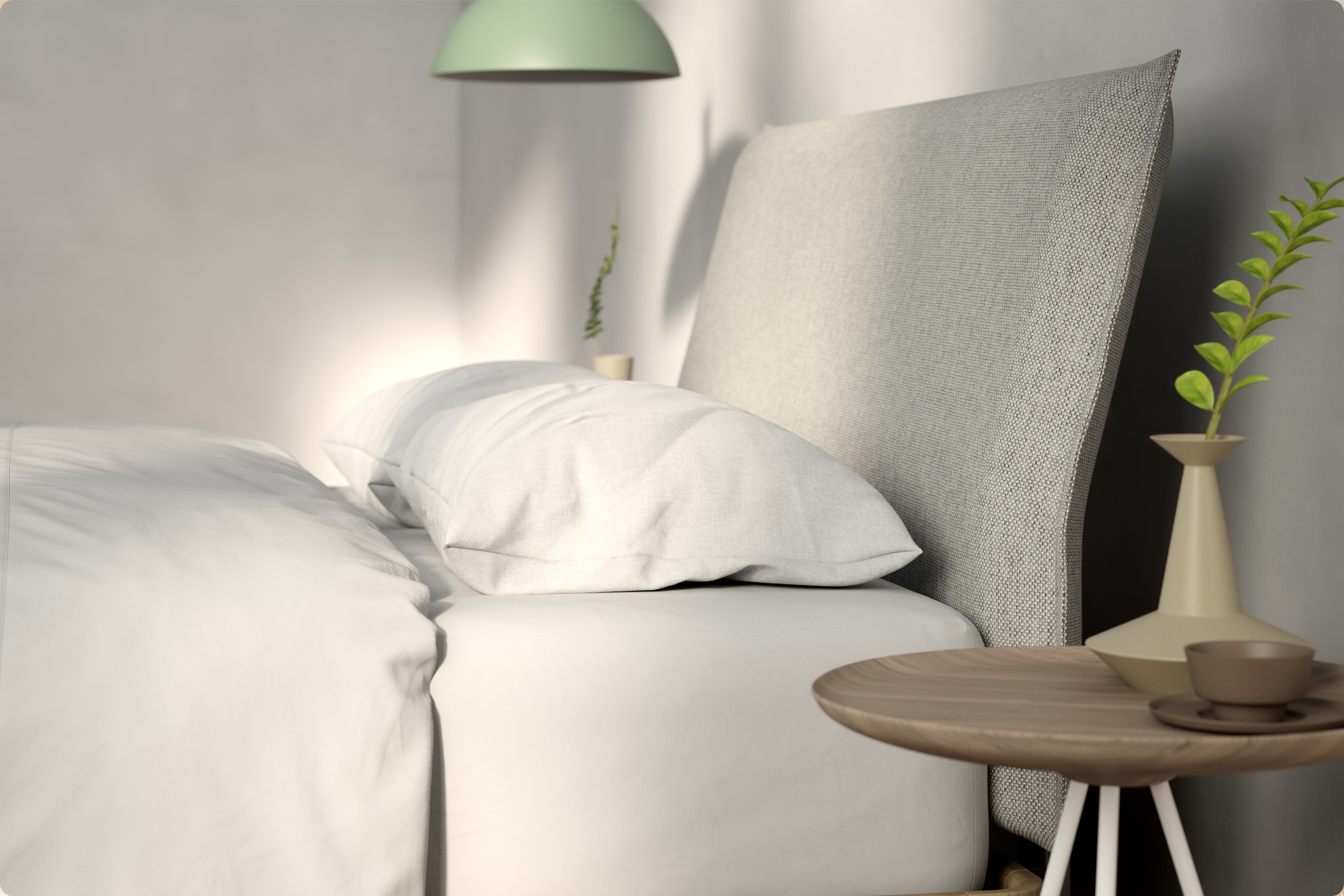 Side view of a mattress on a bed frame with a Pillow Repose Headboard, light gray color in a modern bedroom setting