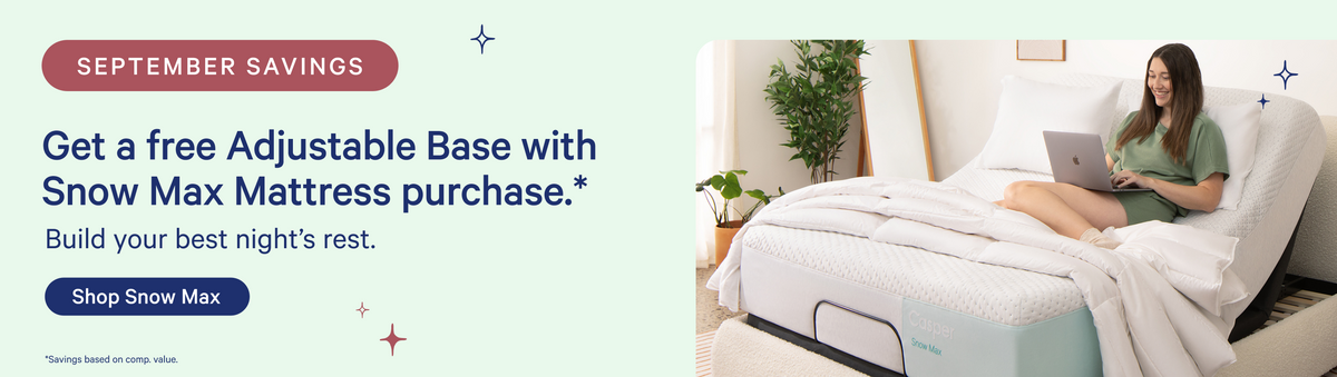 Promotional banner for Snow Max Mattress featuring a woman sitting on an adjustable bed with a laptop, alongside text offering a free adjustable base with Snow Max Mattress purchase during theSeptember Savings event.
