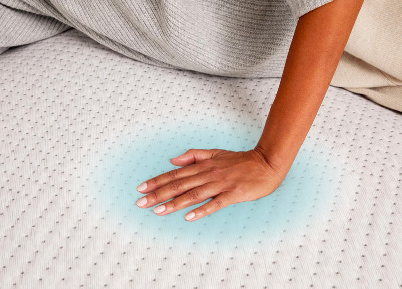 A hand feeling the coolness of the Snow mattress.