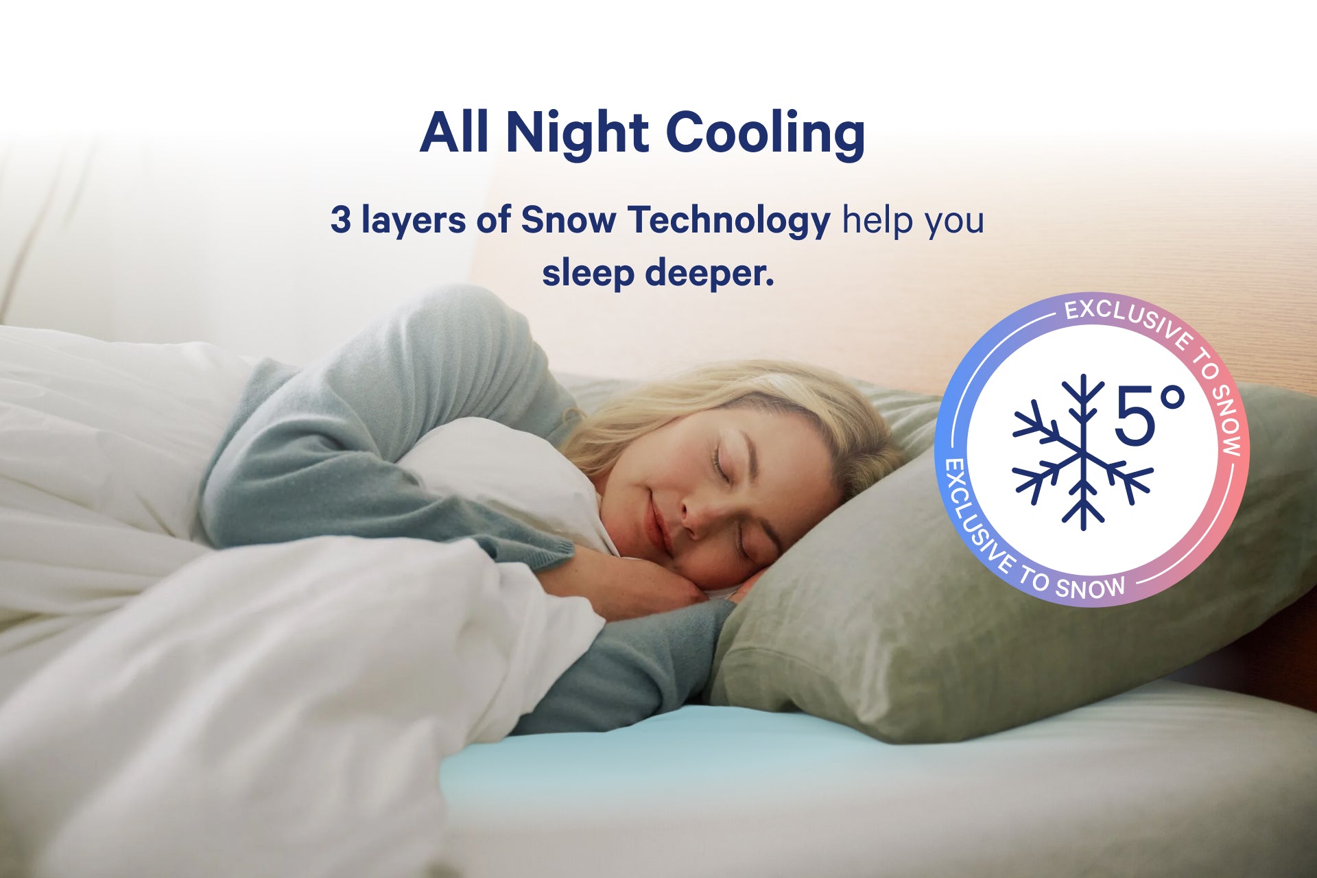 A woman sleeping on a bed, an icon about all night cooling with Snow Technology