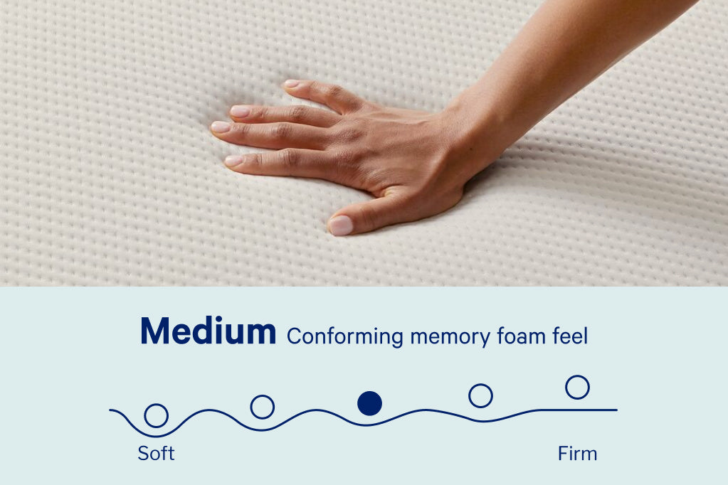 Snow mattress has a medium firmness level providing a conforming memory foam feel.