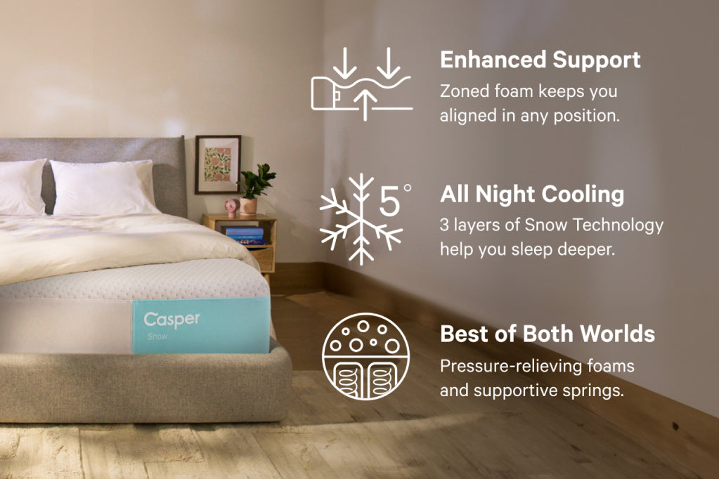 Snow mattress combines the best of both worlds with pressure-relieving foams and supportive springs. It provides enhanced support with zoned foam keeping you aligned in any position. Three layers of Snow Technology provide 5 degrees of all night cooling.